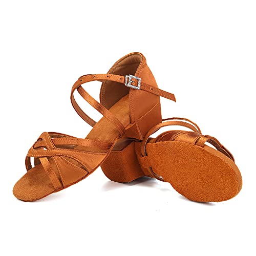 SWDZM Girls Latin Dance Shoes Low Heel Satin Ballroom Salsa Pratice Dance Shoes,Model EM-New Child3