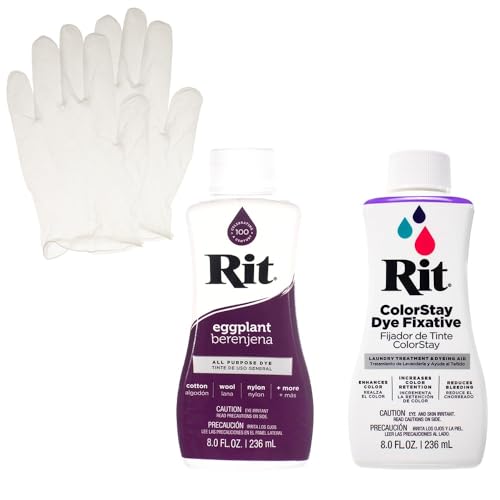 Rit Liquid Dye with ColorStay Fixative Bundle All in One Kit with Gloves to Reduce Color Bleed (Eggplant)