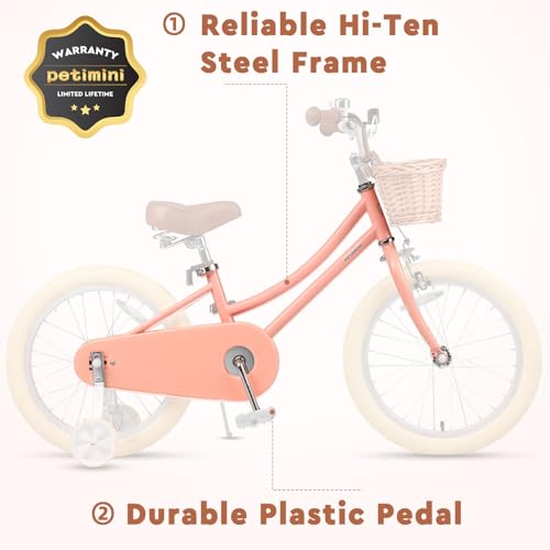 Image of Petimini Vintage Kids Bike for Girls, 12-20 Inch Classic Bicycle with Wicker Basket & Bell, High Tensile Steel Frame, Training Wheels (12-18 inch), 85% Pre-Assembled, Retro Bike for Outdoor Riding