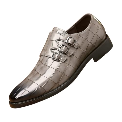 Santimon Men's Crocodile Pattern Leather Monk Strap Shoes, 3-Buckle Slip-On Formal Dress Loafers