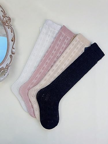 OYOANGLE Girl's 4 Pairs Cute Ruffle Knee High Socks Bow Front Over the Calf Socks Beige Pink 2-3Y2