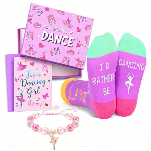 HAPPYPOP 7-9 Year Old Dance Gifts - Ballet Dance Gifts for Girls Kids with Bracelet Socks & Greeting Card