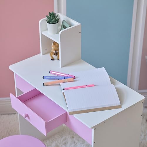 Image of Teamson Kids Rose Shine Play Vanity Set, White /Pink, Ages 3+ | Built-in LED Strip Lights, Touch Sensor Mirror, 2-in-1 Vanity & Desk, Modern Pretend Makeup Table, Includes Stool