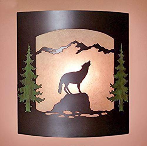 Image of Rustic Wolf with Pine Tree Wall Sconce - Frosted Amber Glass | Burnished Bronze Metal, Lodge Cabin Decor, Woodland Nature Design, Wall Light Fixture