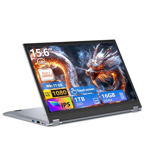 Ordinateur Portable 2 en 1, 15,6 Pouces Win 11 PC Portable Ryzen 3 3200U CPU, PC Portable 16Go DDR4 1To SSD, Radeon Graphics GPU, Laptop 360°Flip IPS Tactile Écran, RJ45+TypeC+Mini-HDMI+USB+Webcam