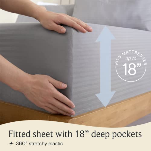 Image of LuxClub 5 PC Split King Size Sheet Set Bed Sheets, Breathable Luxury Sheets, Deep Pockets 18 inch Wrinkle Free Cooling Sheets Machine Washable Hotel Bedding (Split King, Striped Light Grey)
