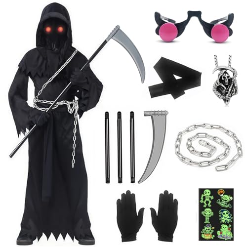 XM-mengpanwei Déguisement Faucheuse Enfant, Deguisement Halloween Costume Faucheuse Enfant, Costume Halloween Enfants avec Lunettes Lumineuses, Faux de la Mort, Colliers, Chaîne, Gants pour Carnaval