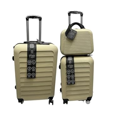Kit 3 Malas de Viagem 23kg, 10Kg e Frasqueira 14 Polegadas Bolsa de Mão c/Trava de Senha FIbra Rígida ABS (Bege/Creme)