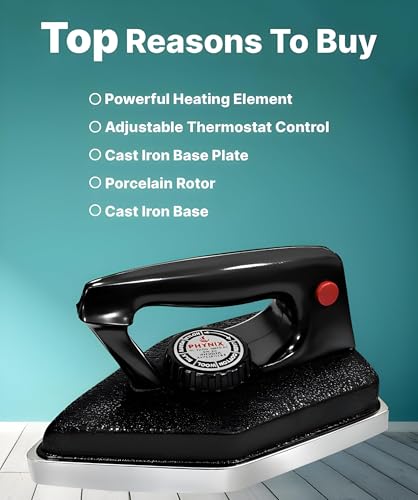 Image of Phynix 3.5 Kg Heavy Weight Dry Iron Press Box | Automatic Industrial Laundry Electric Iron with Cast Iron Base | 1000 Watts | 2 YEAR WARRANTY |for Home, Tailor, Hotels and Cloth Shop| Black