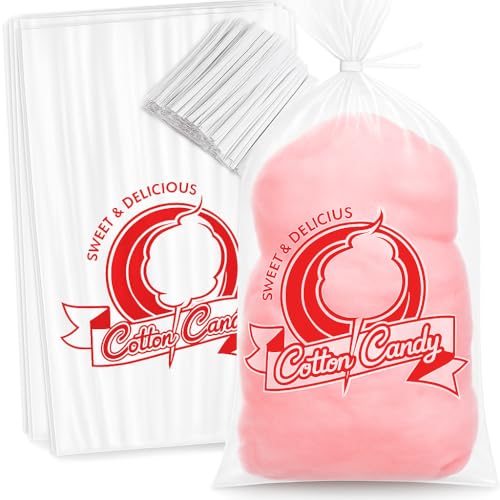 Image of Tafura Cotton Candy Bags with Ties, [Pack of 100] Clear Bags for Cotton Candy with Print, Perfect for the Summer and Carnivals. 11.5x18.5 Inches.