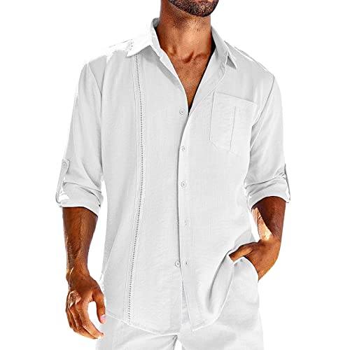 Ropa De Algodón para Hombre Camisas De Guayabera Cubana Manga Enrollada Bolsillo Casual Suelto Camisas De Manga Larga Blanco L