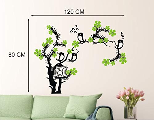 Heaven Decors Nature Tree with Green Flower, Birdcage and Singing Bird Wall Sticker for Bedroom (Ideal Size on wall: 102 cm x 80 cm),Multicolour 1