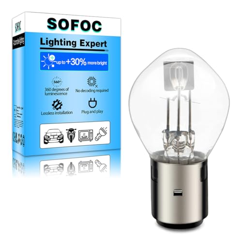 【700+lm Luminosità: Più Luminosa e Ampia】Questa lampadina faro moto alogena BA20D 12V 35W fornisce oltre 700lm di illuminazione bianco caldo, offrendo una gamma di illuminazione notturna più ampia per una maggiore sicurezza durante le corse serali.