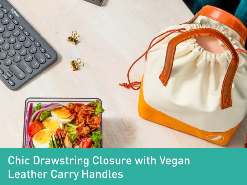 Prepdeckgo Lunch Bag - Stylish, Compact Adult Lunch Tote - Roomy & Lightly Insulated Interior - Drawstring Bag Closure & Vegan Leather Handles - Easy To Clean - Perfect For Work, Picnic, Or Travel #TOP3
