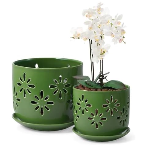 EFISPSS Orchid Pots with Holes,5+6 Inch Ceramic Plant Pots with Drainage Holes and Tray,Enhanced Drainage and Ventilation,Flower Pots for Indoor/Outdoor Plants for Repotting - Green Cover