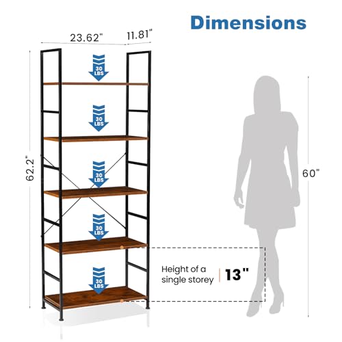DUMOS 5 Tiers Bookshelf, Classical Modern Book Shelf, Tall Display Shelves in Living Room/Home/Office, Storage Organizer for CDs/Books/Movies, Rustic Brown - Image 4