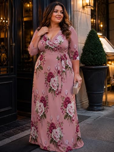 Image of PinkPatty Women's Plus Size Maxi Dresses Casual Flowy 3 /4 Sleeves Dress Printed Vacation Dress for Daily Wear with Belt