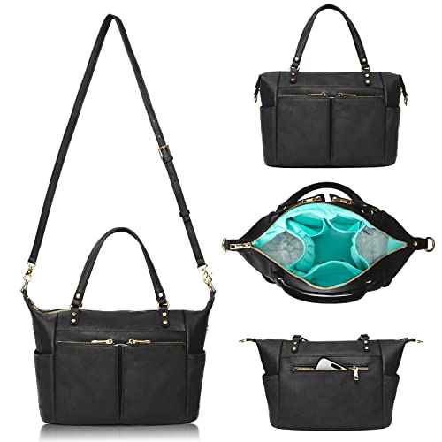 Image of MOMINSIDE Small Leather Diaper Purse, Mini Crossbody Bag with 13 Pockets, Diaper Clutch for Women Mom, 2 Insulated Pockets (Black)