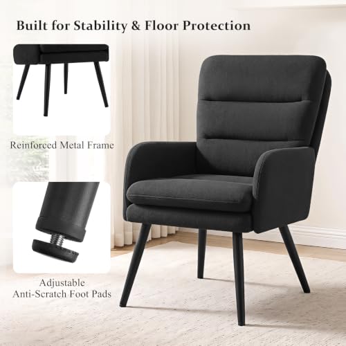 Image of Comfy Accent Chair Set of 2 Modern Boucle Living Room Chair,Black | Upholstered High Back Armchair with Padded Seat, Cozy Reading Lounge Chair with Black Metal Legs for Bedroom, Small Space