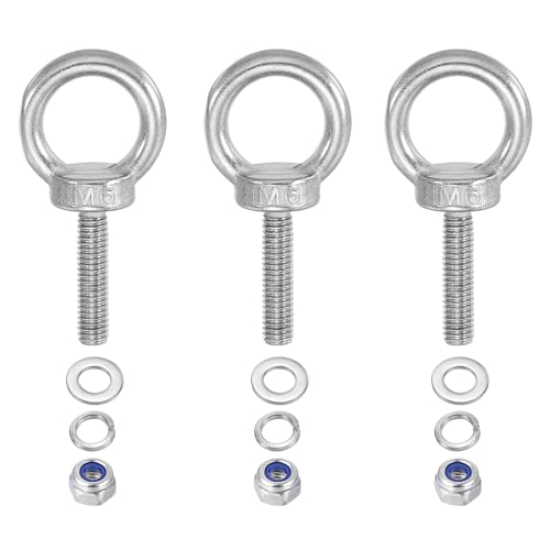 PATIKIL M6 x 25mm Lifting Shoulder Eye Bolt, 3Pcs 304 Stainless Steel Lifting Ring Threaded Eyebolt with Nuts Washers for Hanging Hammocks Articles