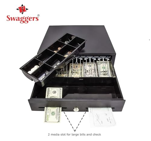 Image of swaggers Metal Cash Drawer For Point of Sale (POS) System with Removable Coin Cash Tray, 5 Bills /8 Coins slots Drawer with RJ11 Interface Key Lock | Black Colour