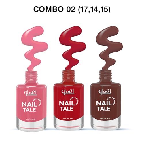 Image of Glam21 Nail Tale- Nail Lacquer|Set of 3|Multicolor|Quick Drying Nail Polish| Glossy Gel Finish Nail Kit | Highly Pigmented & Long Lasting | Chip Resistance|9ml Each|Shade-02