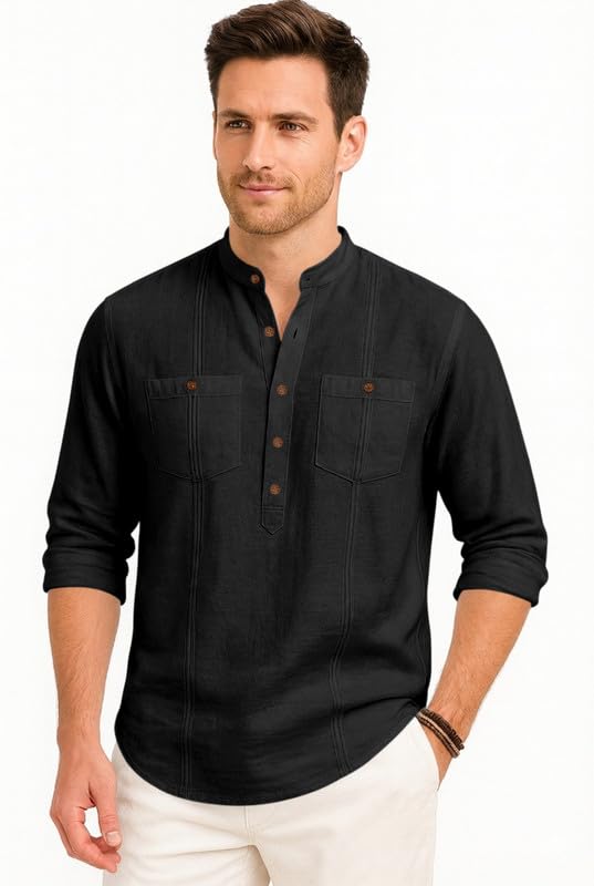 Image of ROYALSCOUT Men's Cotton Polyester Blend Kurta Style Shirt with Mandarin Collar, Half Button Placket, Dual Chest Pockets, Long Sleeve Casual Ethnic Fusion Wear for Office, Festive and Daily Use