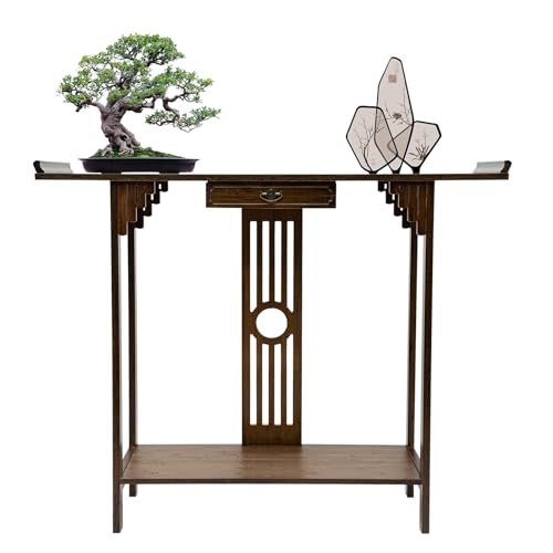 QUIOTUIR - Consola de entrada de bambú con estantes de almacenamiento, mesa consola de entrada de bambú clásico, 102 x 31 x 83 cm para dormitorio, comedor, oficina, cocina
