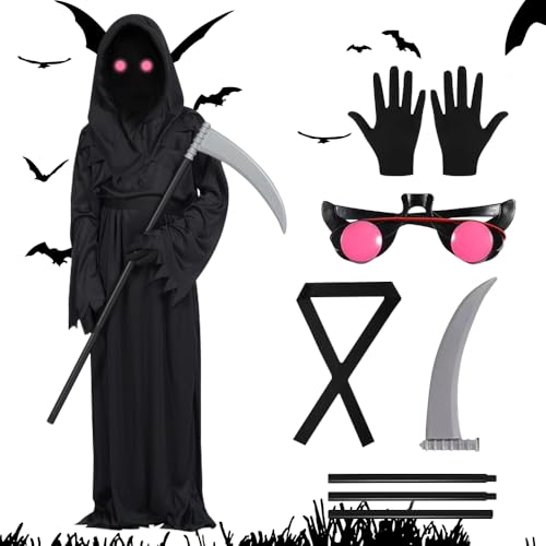 CLIUNT Conjunto de disfraces de muerte, Disfraz de Grim Reaper, con hoces, guantes, lentes brillantes, para cosplay, decoración de Halloween, fiesta temática de carnaval, M (8-10 años)