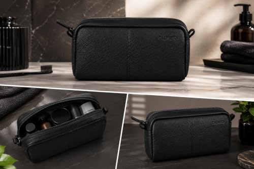 Image of Calfnero Genuine Leather Toiletry Bag for Men & Women | Premium Leather Travel-Pouch | Toiletry Organizer | Cosmetic & Shaving Kit Bag | Unisex Travel Dopp Kit (Black)