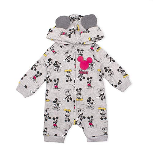 Disney Baby Boy Mickey Mouse Coverall Romper Onesie with Hood and 3D Mouse Ears Grey