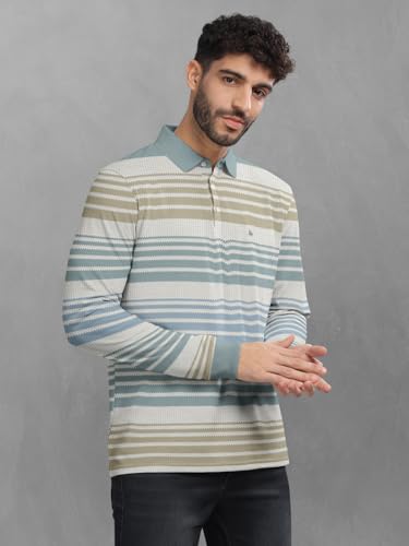 Image of BULLMER Striped Textured Printed Polo Neck Fullsleeve T-Shirt with Rib for Men