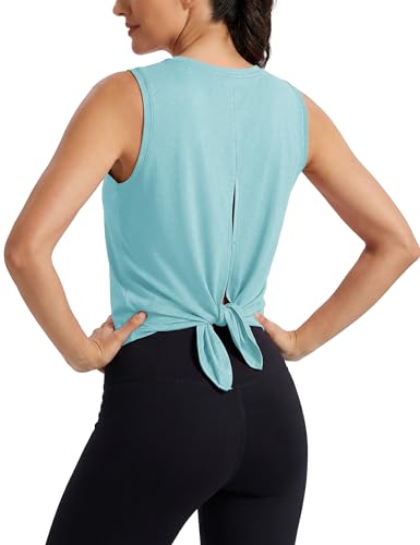 Image of MAGCOMSEN Workout Tank Tops Woman Summer Open Back Yoga Athletic Shirts Sleeveless Tie Back Loose Fit Gym Muscle Tank