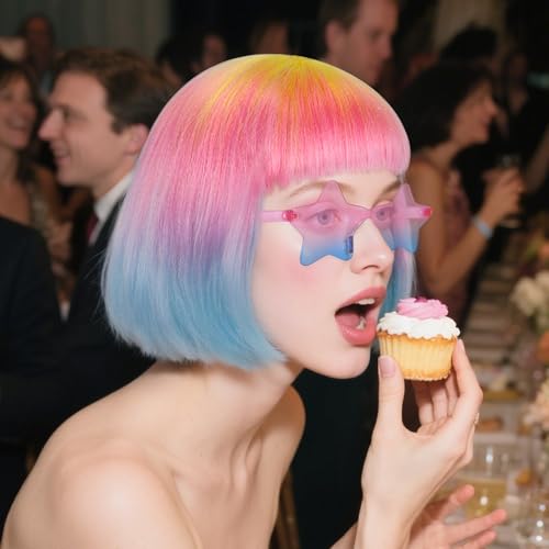 Image of ANOGOL Hair Cap + (Sunglasses) Yellow Pink Blue Gradient Bob Wig with Bangs Womens Party Wigs with Star-Shaped Glasses Short Neon Wig Daily Party Fun Wigs Women Halloween Costume Bachelorette Hair