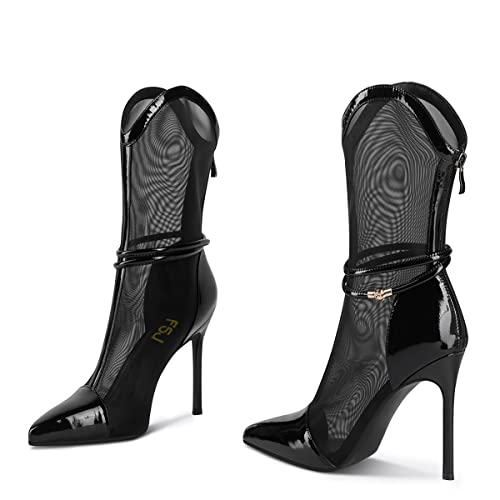 FSJ Women Sexy Pointed Toe Stiletto High Heel Mesh Mid Calf Boots Glossy Back Zipper Summer Casual Sandal Shoes Size 4-15 US4