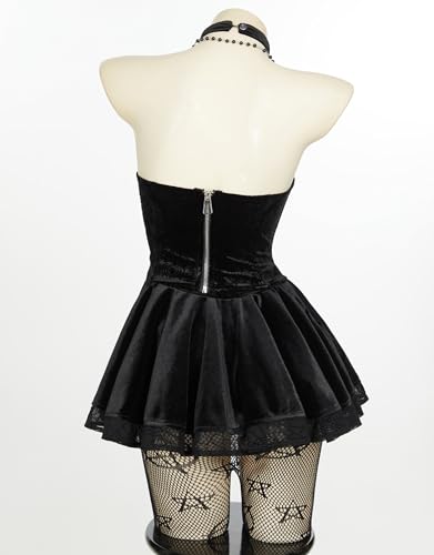 MEOWCOS Corset Top Skirt Set Gothic Halloween Casual Party Dress Lace-up Top Skirt with Net Stockings and Sleeves3