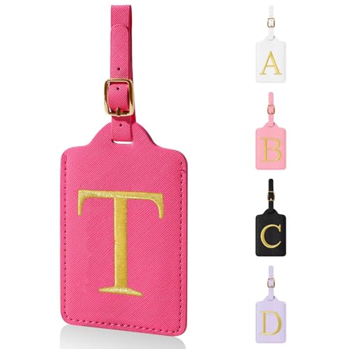 Personalized Initial Luggage Tags for Suitcases,Leather Letter Cute Luggage Tags with Privacy Name Card,Embroidered Monogrammed Travel Bag Backpack Tag Gifts for Women Kids Girls Teens(Rosered-T)