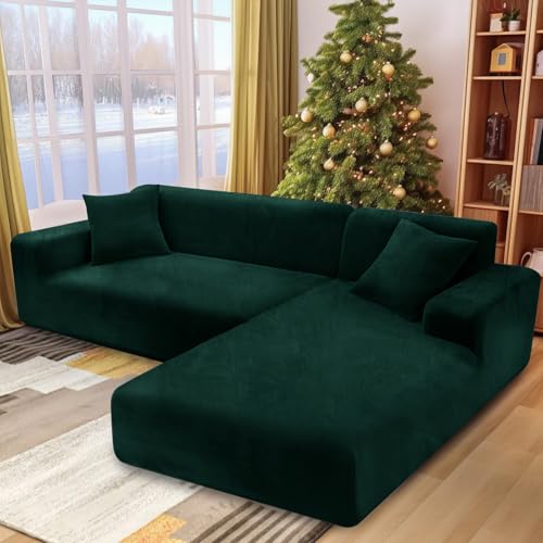 NAKIHOUSE Dicke Samt Sofa Überwürfe Sofabezug mit einem Kissenbezug, Superweicher Elastische Sofa Abdeckung in Dunkel Grün Farbe für 1/2/3/4 Sitzer（L-förmiges Ecksofa erfordert Zwei）