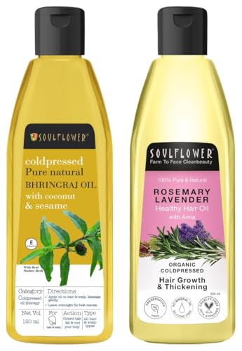 Soulflower Rosemary Lavender Hair Oil – 225ml Bhringraj Hair Oil 100% Pure & Natural| Hair Growth, Strengthening & Nourishing hair roots, Anti-Dandruff, Cooling Scalp| Coconut, Sesame| 120ml
