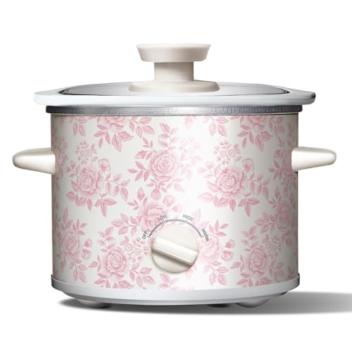 Image of COOK WITH COLOR 2QT Mini Electric Round Slow Cooker - Adjustable Settings, Removable Stoneware Pot, Tempered Glass Lid, Dishwasher Safe, Cool-Touch Side Handles, Floral Pink