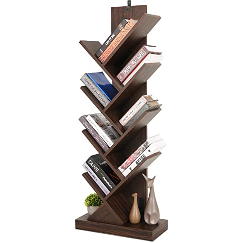 Tree Bookshelf, 8 Tier Tree Bookcase, Rustic Wood Narrow Book Storage Rack For Cds/Dvds/Books, Book Tree Organizer Shelves For Bedroom/Living Room/Office/Tight Space/Small Space #TOP15