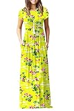DEARCASE Maxi Dress for Women Flamingo Yellow Small Round Neck Boho Short Sleeve A-line Casual Hawaiian Flowy Party Vintage Spring Summer Beach Long Dresses with Pockets