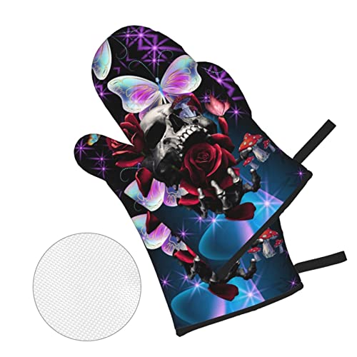 Skull Flowers Mushroom Butterflies Oven Mitts Heat Resistant Kitchen Oven Gloves With 2 Pot Holders Bbq Gloves For Kitchen Thanksgiving #TOP7