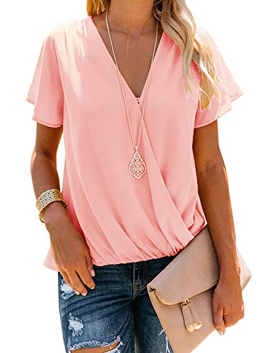 DAOMUMEN Women Semi-Sheer Chiffon Flowy Blouses V-Neck Wrap Short Sleeve Shirts (2-Pink, Small)