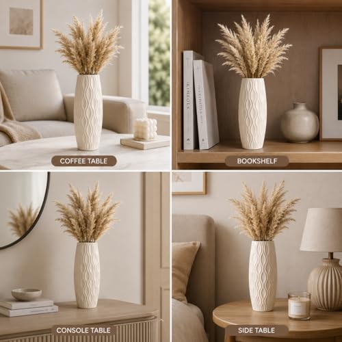 Image of Ceramic Flower Vase, Off White, Tall Cylindrical Shape, Embossed Wave Texture Pot, 23 cm, for Artificial Flowers and Dried Pampas Grass (only Vase) (Wavy Embossed)