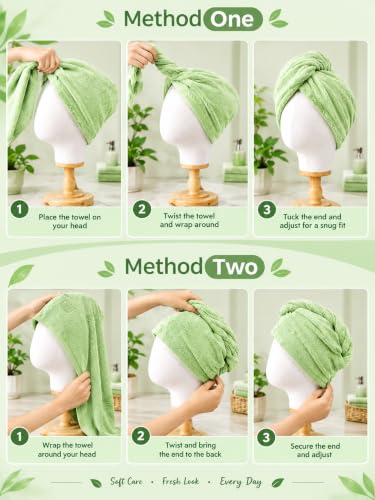 Image of Hair Towel Wrap for Women-Quick Drying Microfiber Towel for Hair with Elastic Loop for Tying-Super Absorbent Head Towels Wrap for Ladies Hair Turban (Pack of 1,Green)