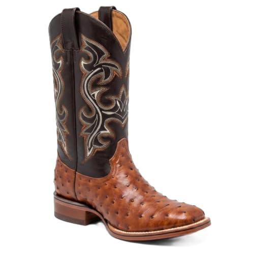 Western Shops Mens Genuine Cowhide Leather Quill Ostrich Print Western Cowboy Square Toe Rodeo Boots (9, Cognac)