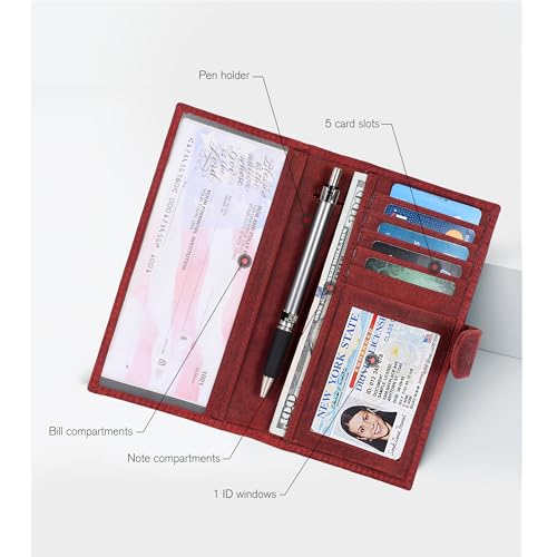 Image of Oak Leathers Checkbook Cover Slim Minimalist For Men with RFID Blocking Credit Card Holder Wallet (Vintage Red)