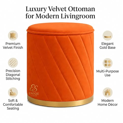 Image of Luxury Round Velvet Ottoman Stool with Gold Base - Modern Upholstered Footrest Pouffe, Tufted Vanity Seat, Living Room Bedroom Dressing Stool (Orange)