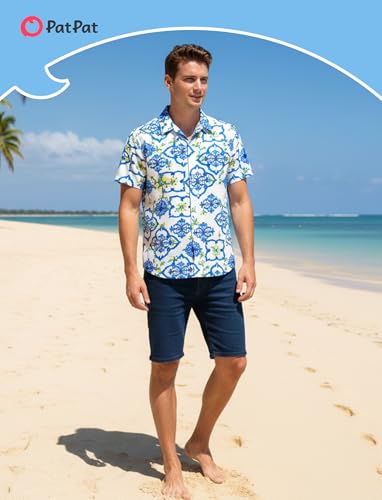 Image of PATPAT Family Hawaiian Matching Outfits - Mommy and Me Vacation Outfits | Halter Sundresses and Button Down Shirts,Caribbean Vacation Summer Tropical Outfits,Hawaiian Boho Tropical Floral Printed